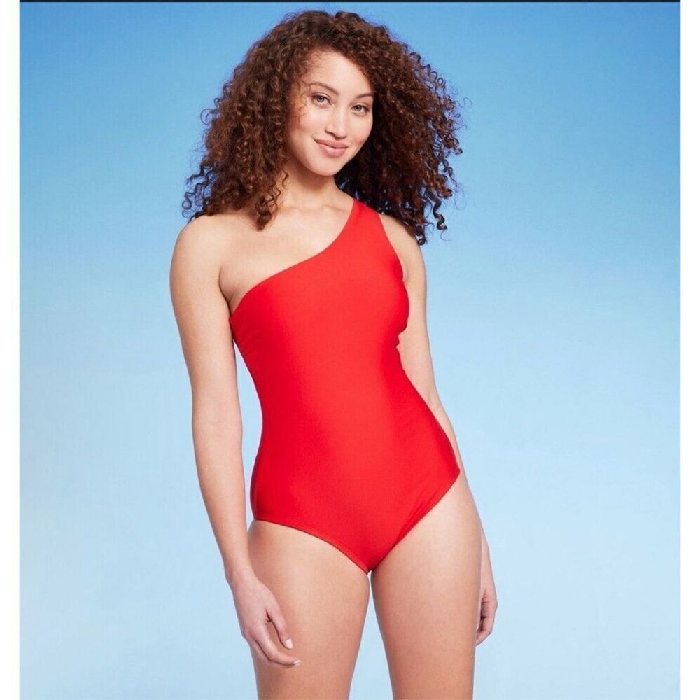 🌸 Kona Sol Red One Shoulder One Piece Swimsuit Size Large New